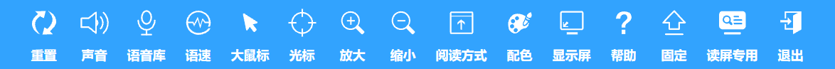 网站无障碍浏览辅助工具条实拍：包含重置、声音、语音库、语速、大鼠标、光标、放大、缩小、阅读方式、配色、显示屏、帮助、固定、读屏专用、退出共15项功能