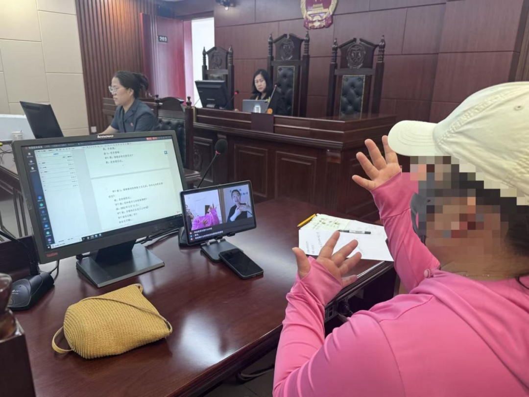 法院庭审远程手语翻译实拍：译员在平板端为听障当事人翻译